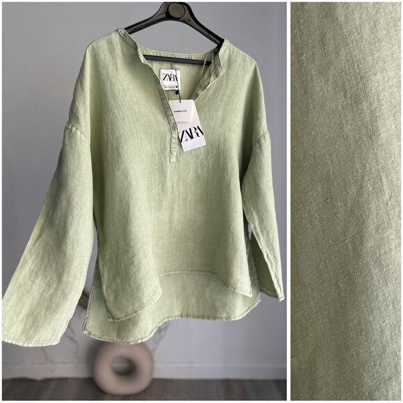 100% LINEN ZARA SLIT BLOUSE WASHED RUSTIC OVERSIZED NWT S - Picture 1 of 4